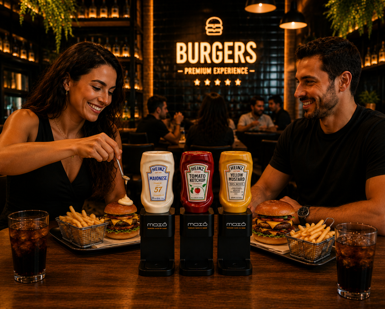 Dispensadores MOIÔ na mesa de uma hamburgueria premium com casal desfrutando do ambiente