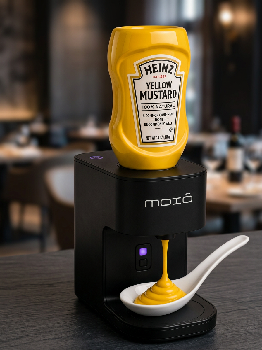 MOIÔ — plataforma touchless de dosagem com mostarda Heinz e colher de lótus