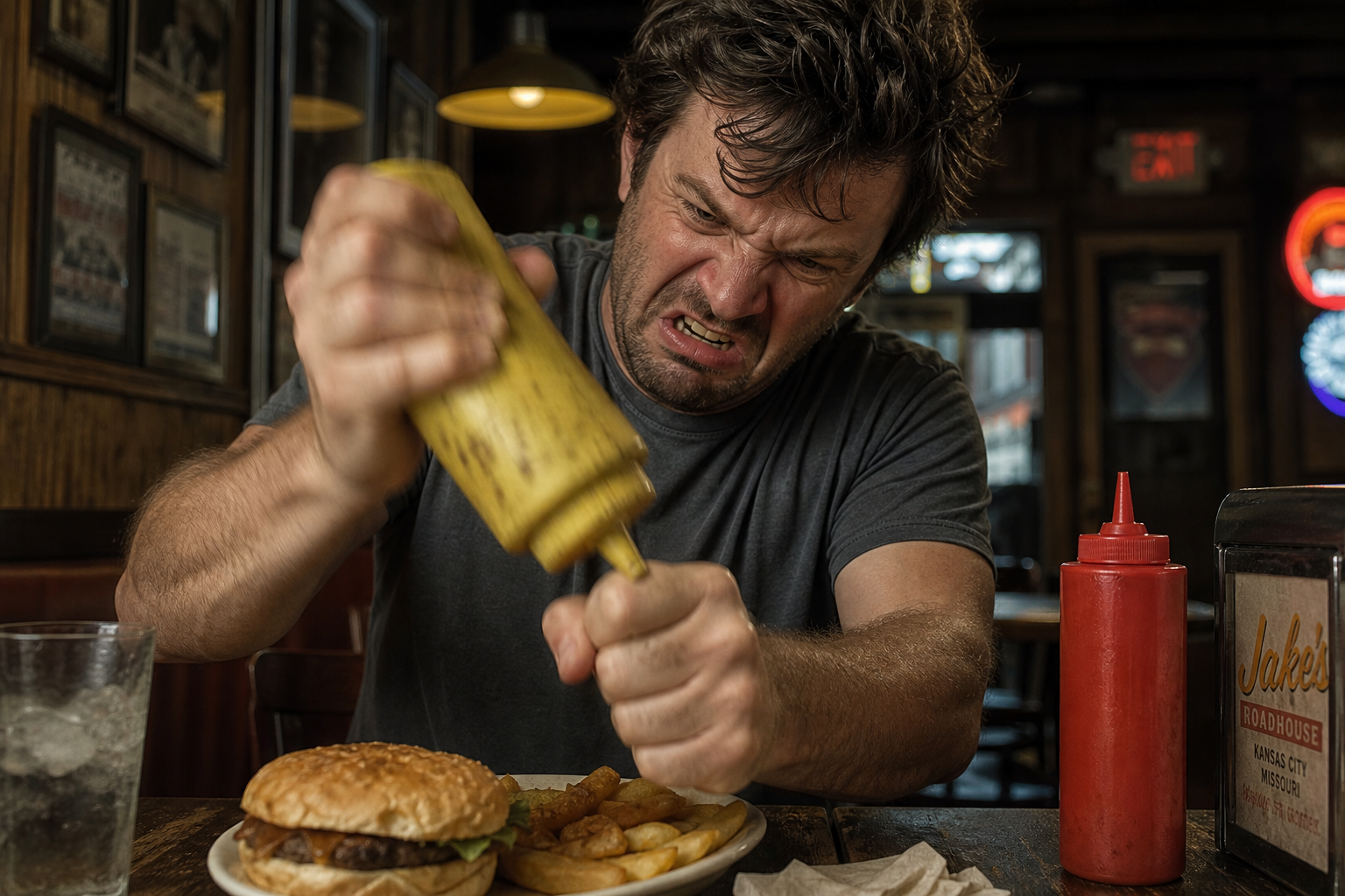 Cliente insatisfeito e frustrado batendo numa bisnaga de ketchup plástica amarelada e entupida, tentando desesperadamente fazer o molho sair na mesa do restaurante