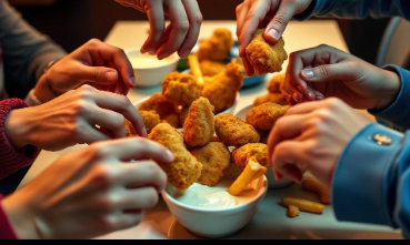 Vários clientes mergulhando batatas fritas e nuggets simultaneamente no mesmo pote de molho compartilhado na mesa do restaurante